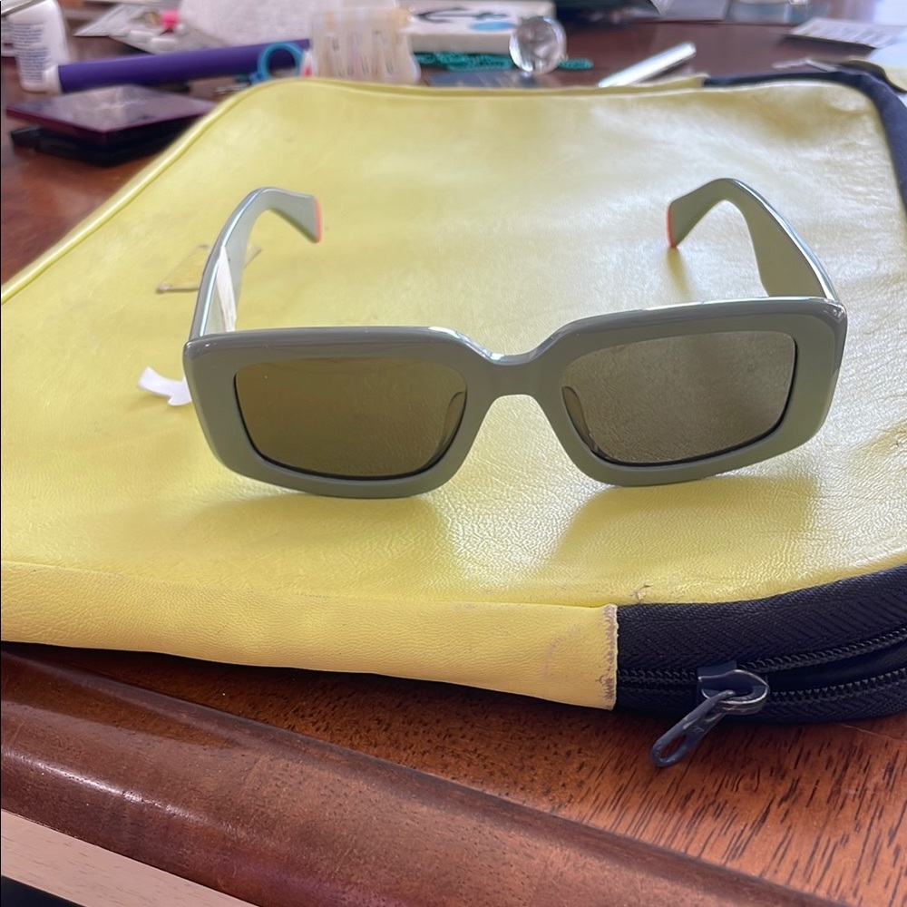 Kenzo Sage Green Rectangular Sunglasses with Red Temple Tips - Picture 2 of 5